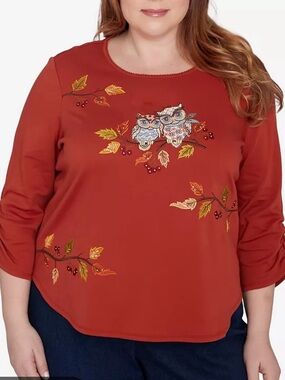Alfred Dunner Womens LP Embroidered Owls 3/4 Sleeve Top Terracotta Brown Fall